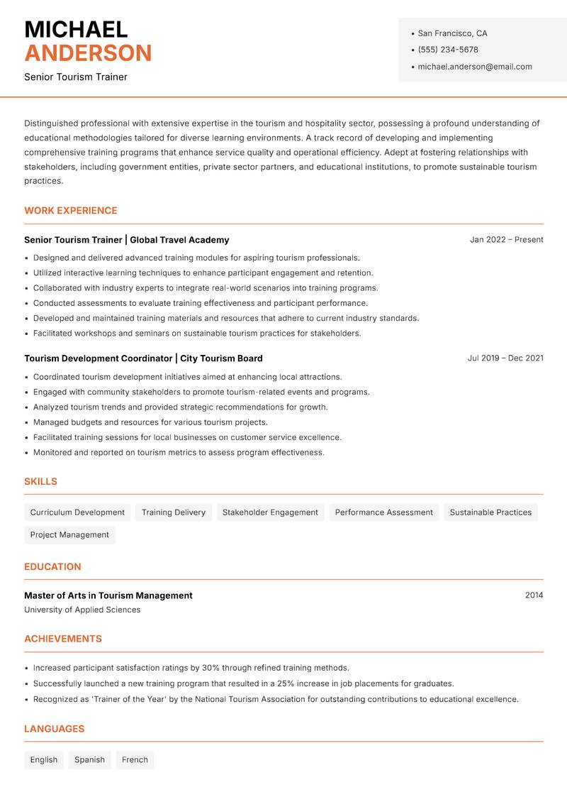 Tourism Trainer Resume Template