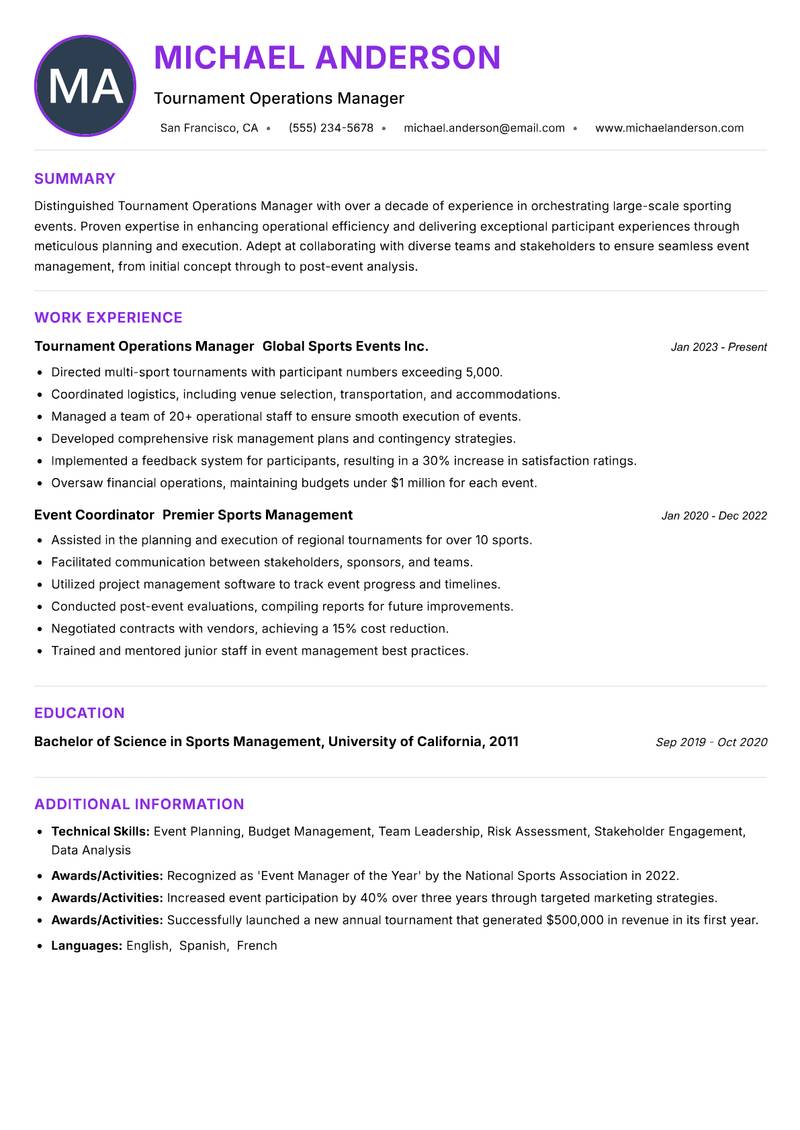 Tournament Operations Manager Resume Preview Example