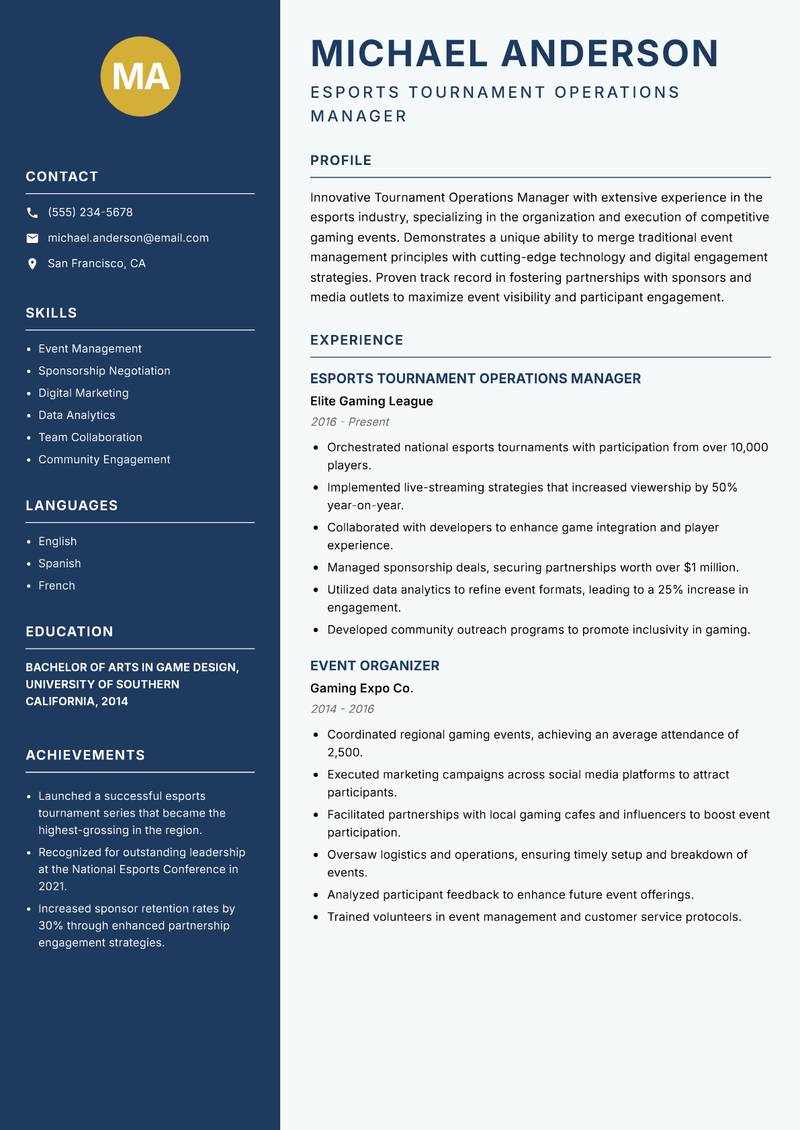 Tournament Operations Manager Resume Preview Example