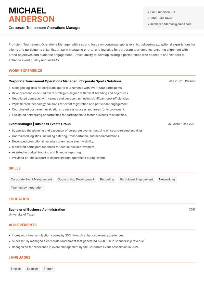 Tournament Operations Manager Resume Template