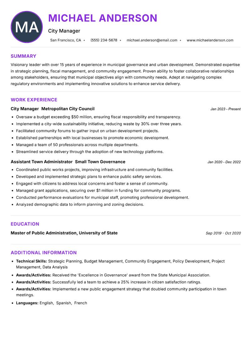 Town Administrator Resume Preview Example