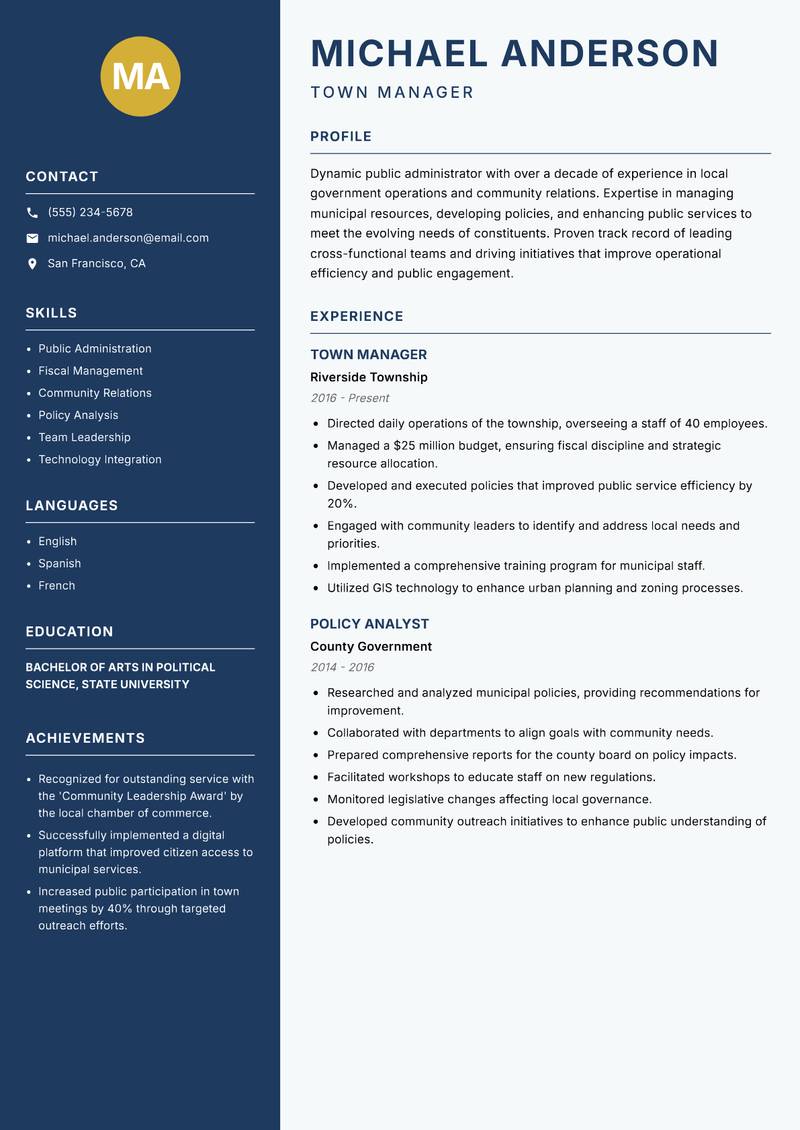 Town Administrator Resume Preview Example