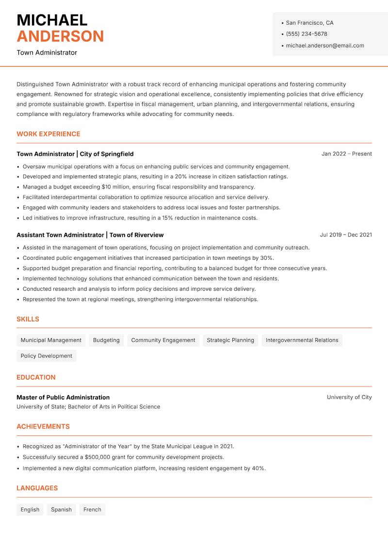 Town Administrator Resume Template