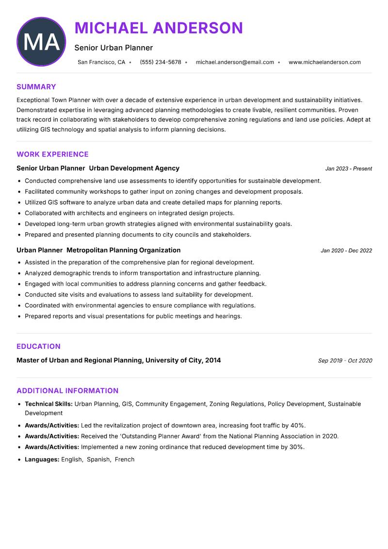 Town Planner Resume Preview Example
