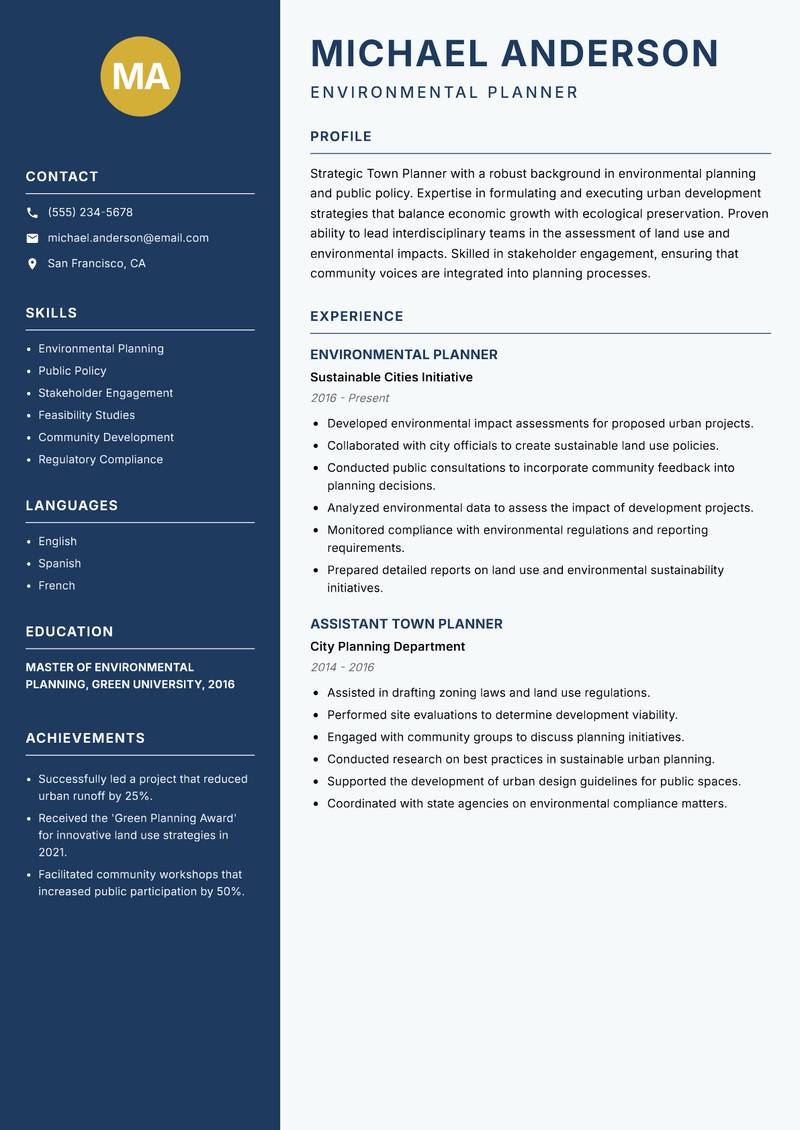 Town Planner Resume Preview Example