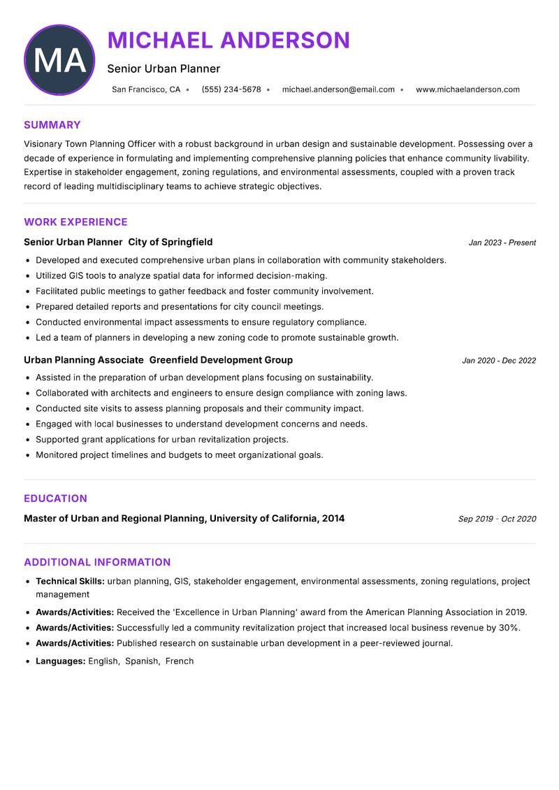 Town Planning Officer Resume Preview Example