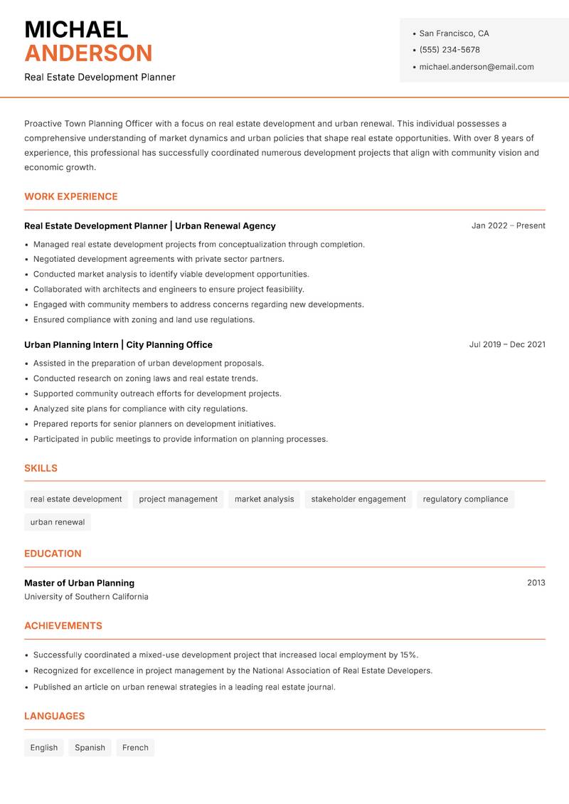 Town Planning Officer Resume Template