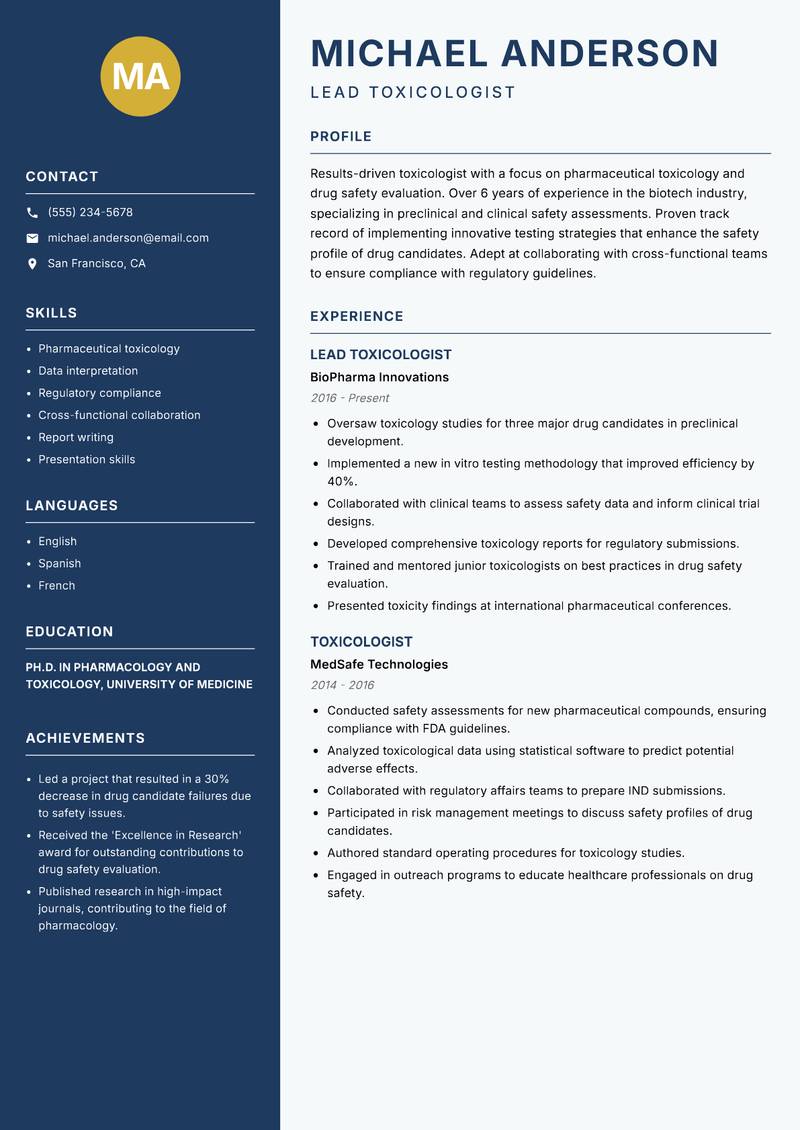 Toxicologist Resume Preview Example