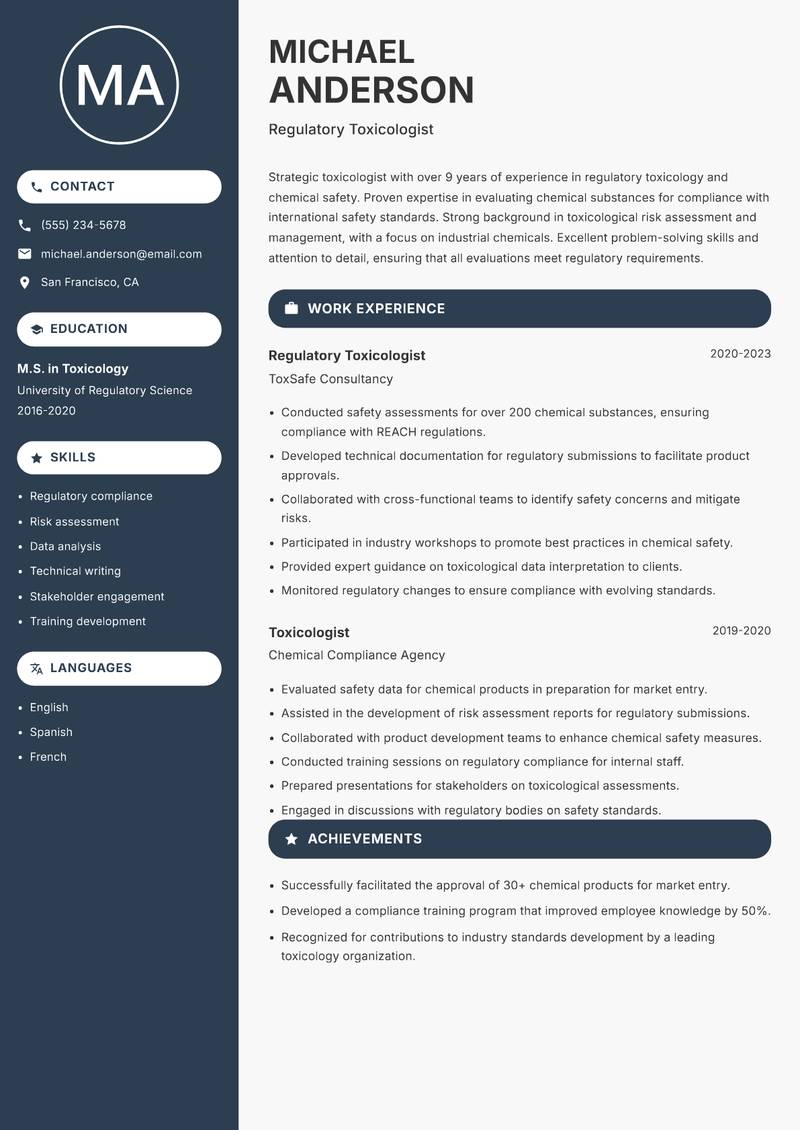 Toxicologist Resume Preview Example