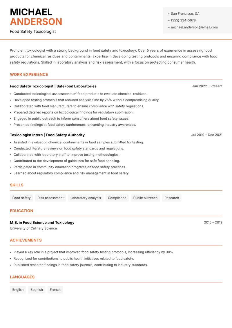 Toxicologist Resume Template