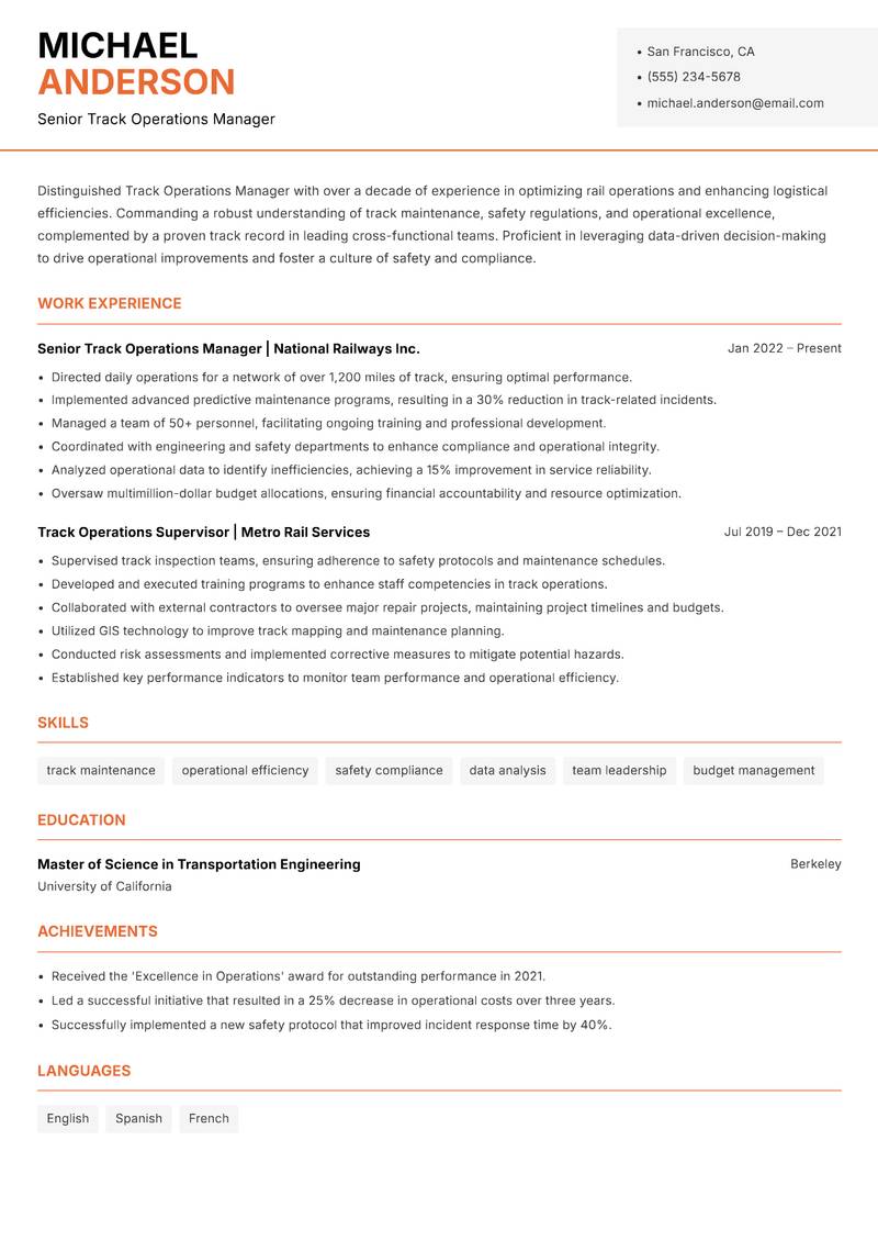 Track Operations Manager Resume Template