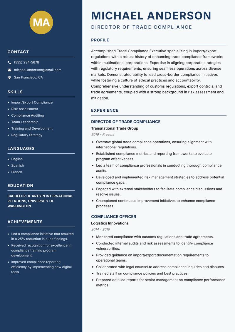 Trade Compliance Executive Resume Preview Example