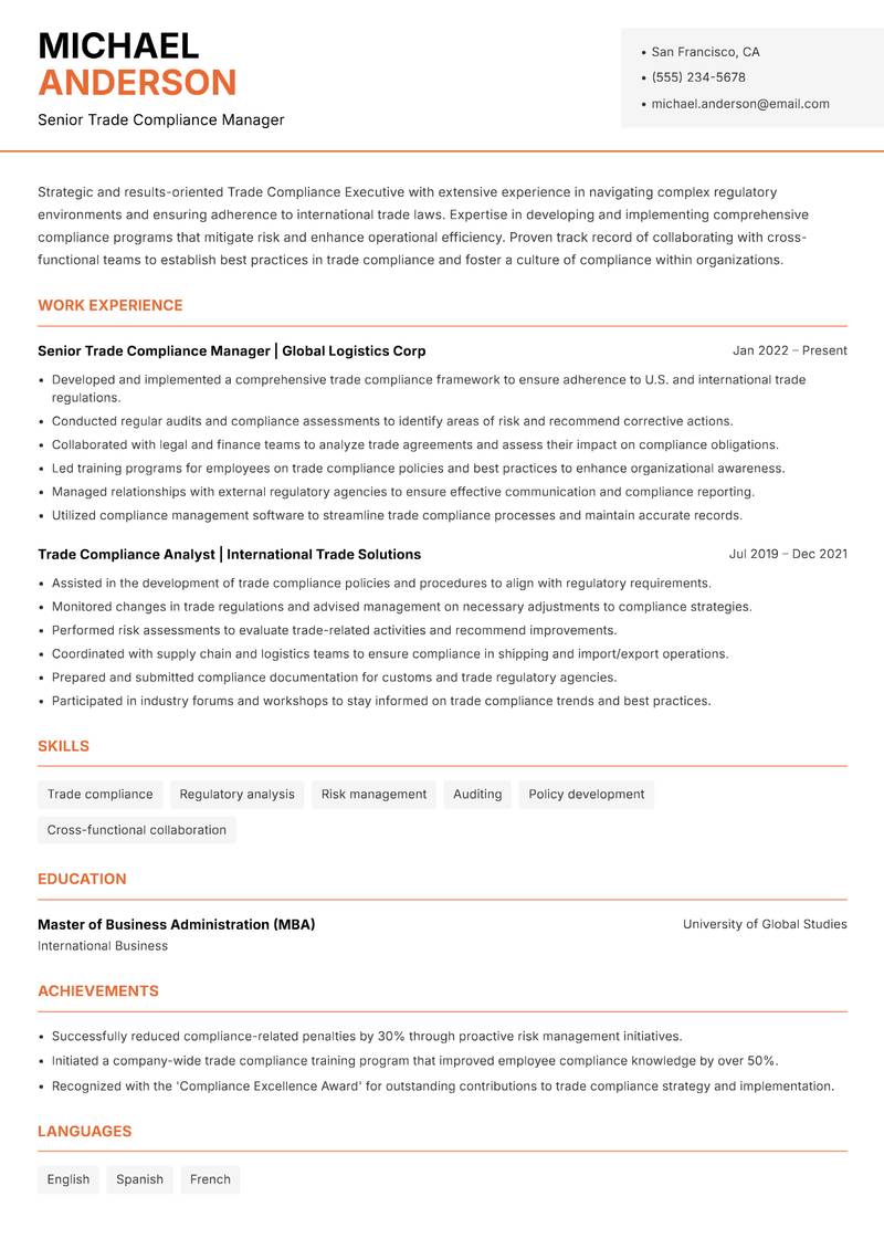 Trade Compliance Executive Resume Template