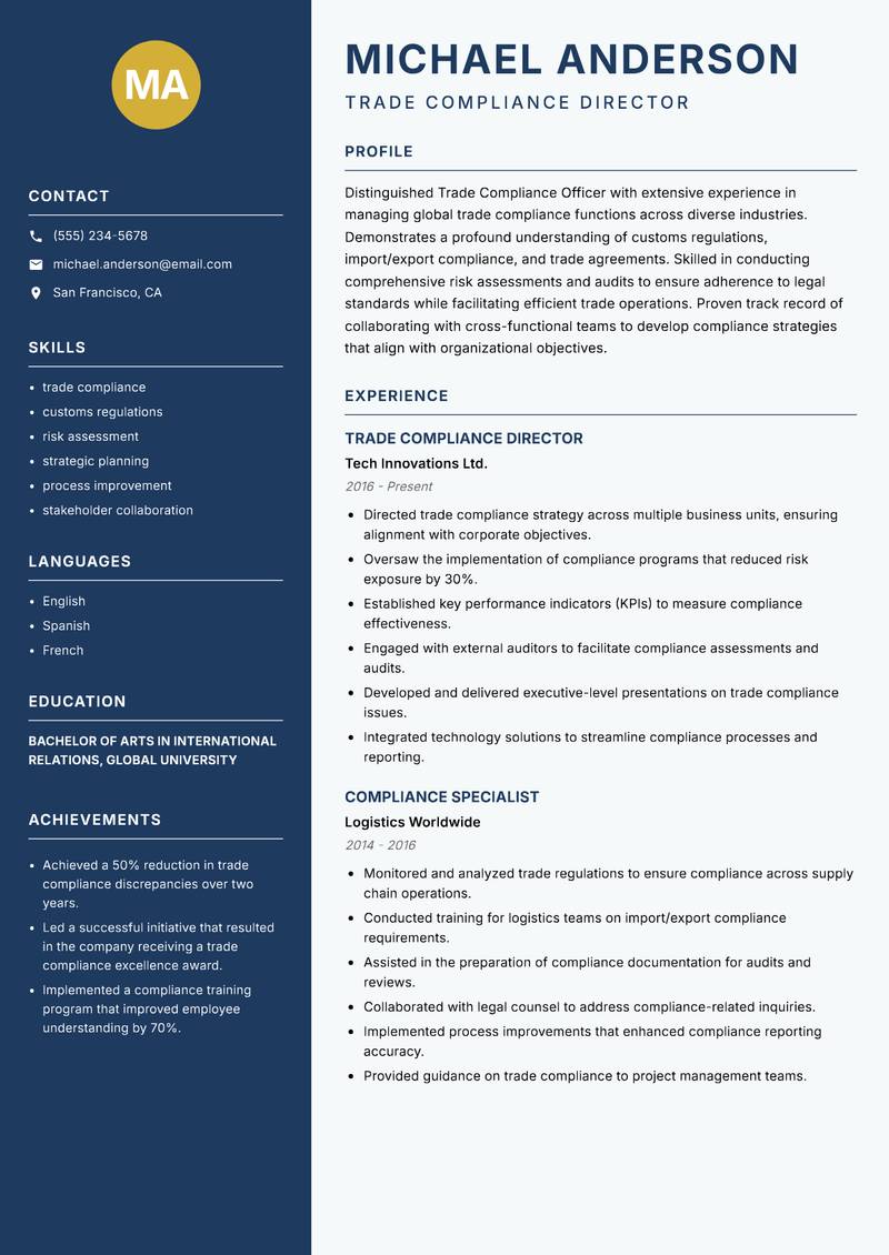 Trade Compliance Officer Resume Preview Example