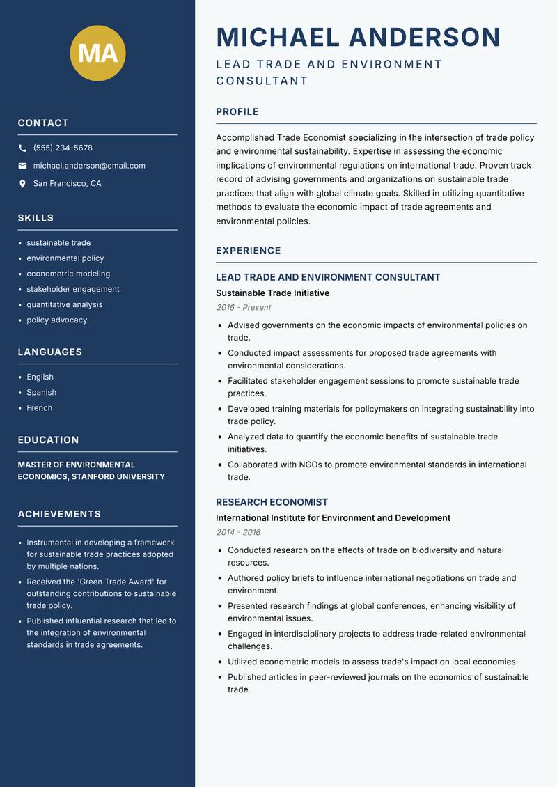 Trade Economist Resume Preview Example