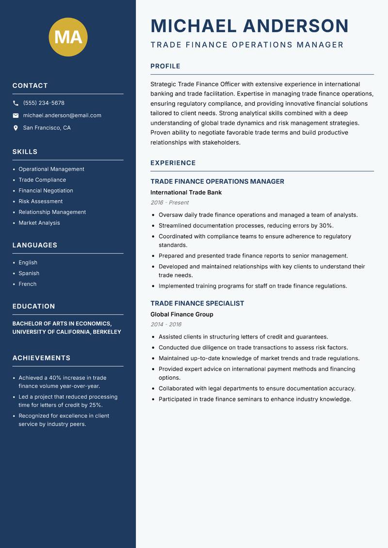 Trade Finance Officer Resume Preview Example