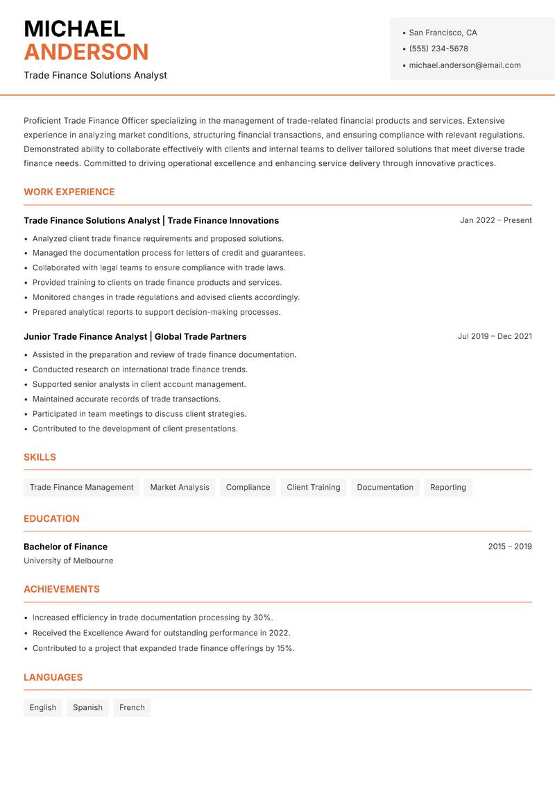 Trade Finance Officer Resume Template
