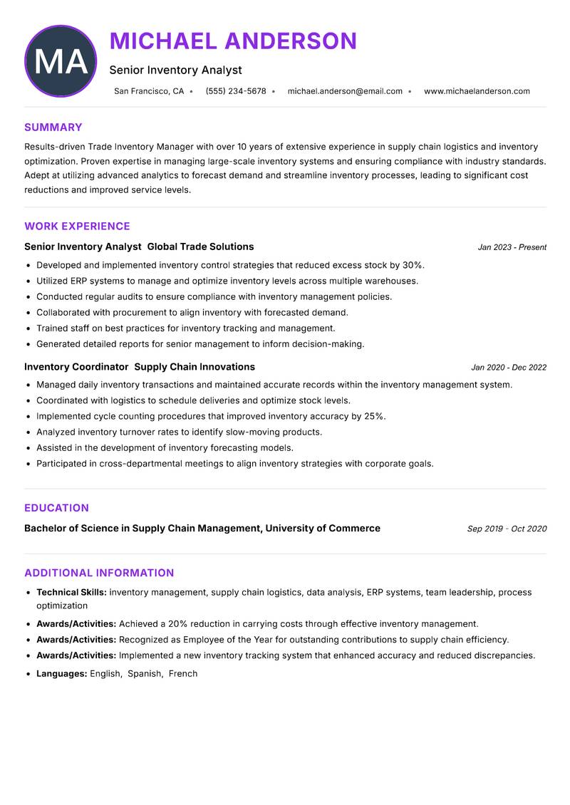 Trade Inventory Manager Resume Preview Example