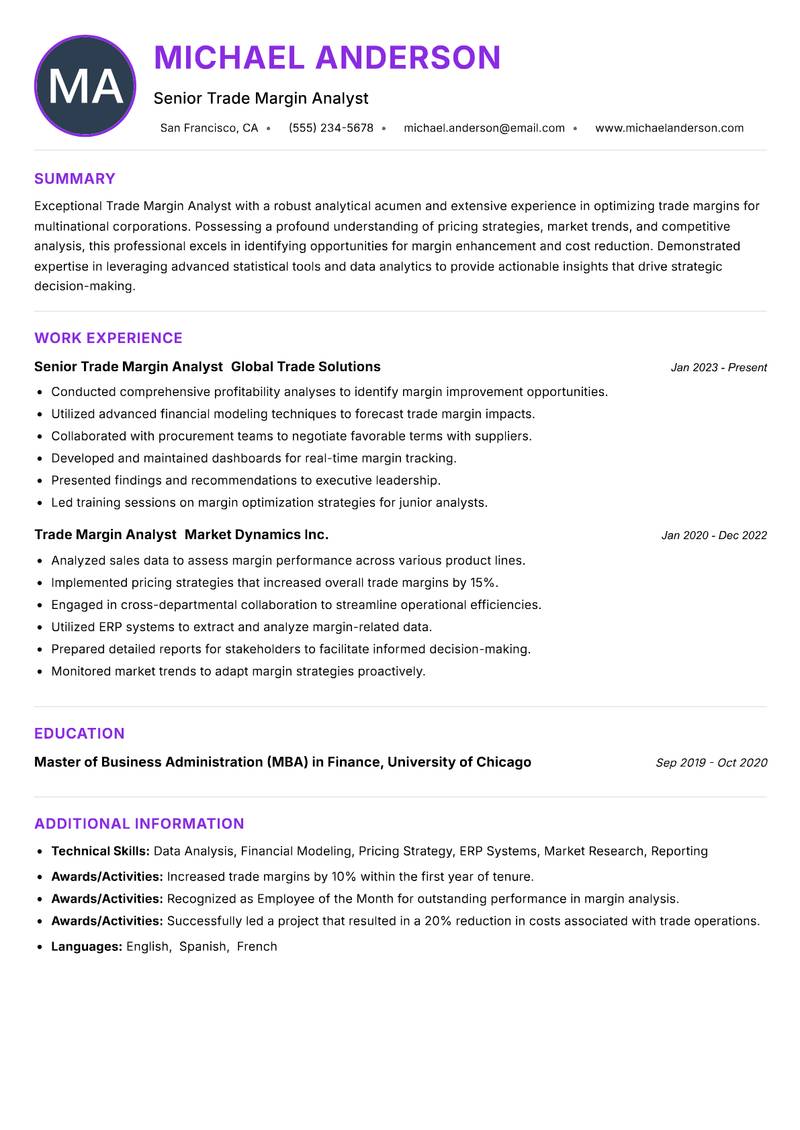 Trade Margin Analyst Resume Preview Example