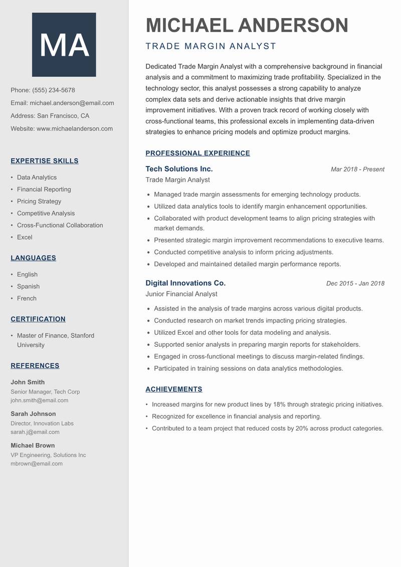 Trade Margin Analyst Resume Preview Example