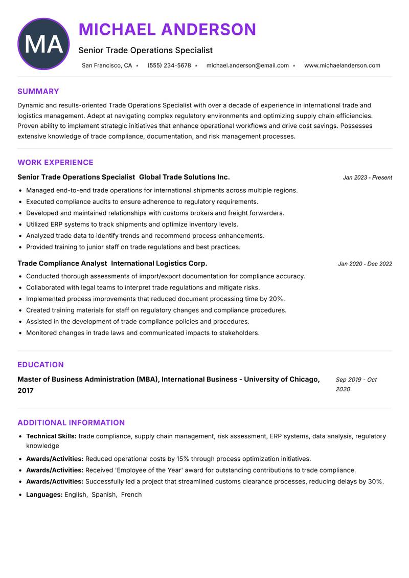 Trade Operations Specialist Resume Preview Example