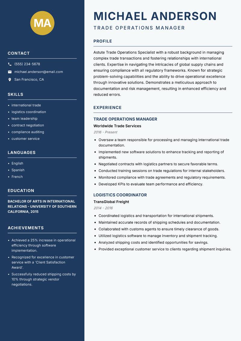 Trade Operations Specialist Resume Preview Example