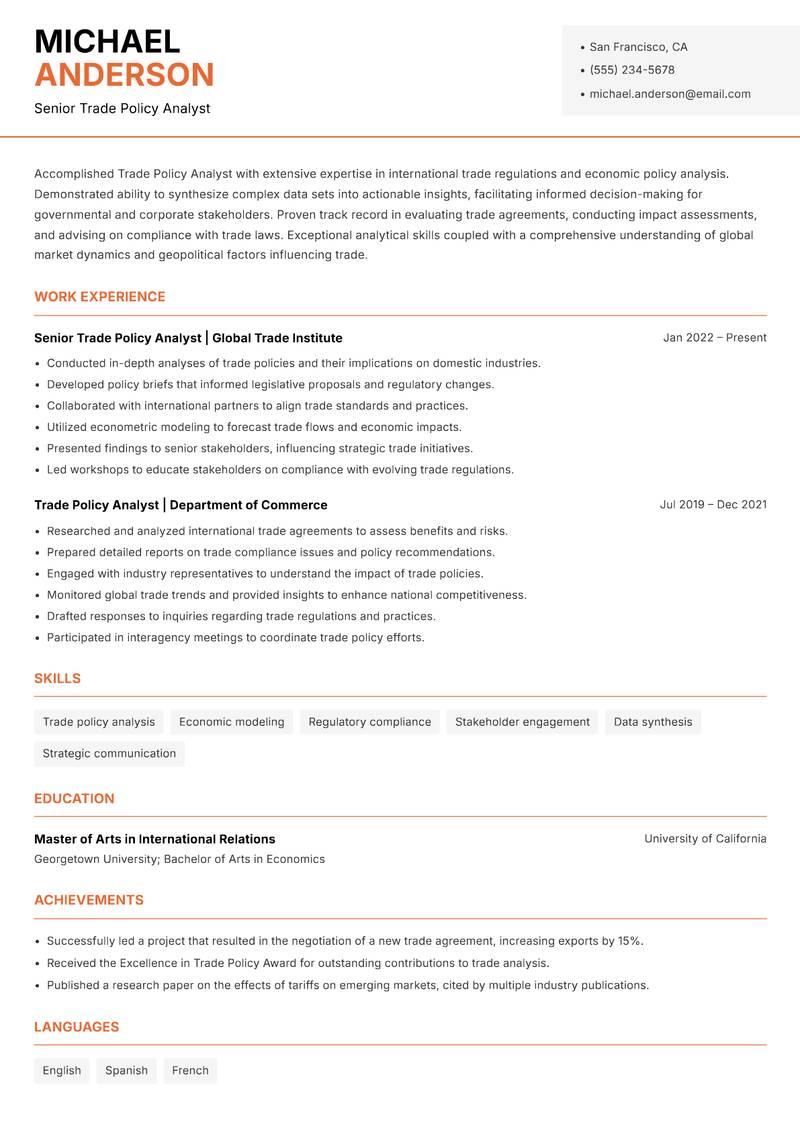 Trade Policy Analyst Resume Template