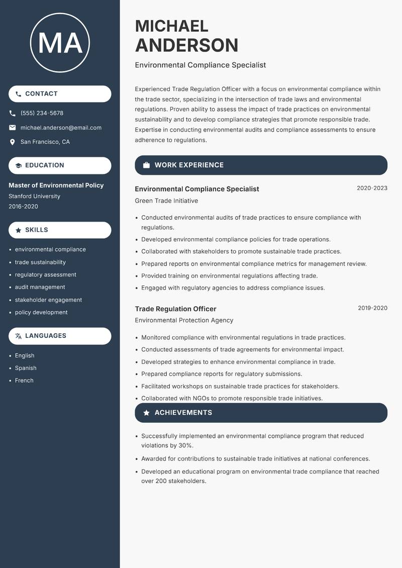 Trade Regulation Officer Resume Preview Example