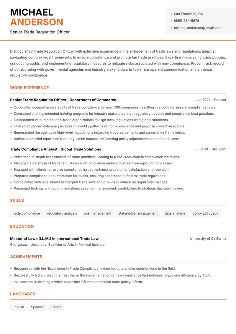 Trade Regulation Officer Resume Template