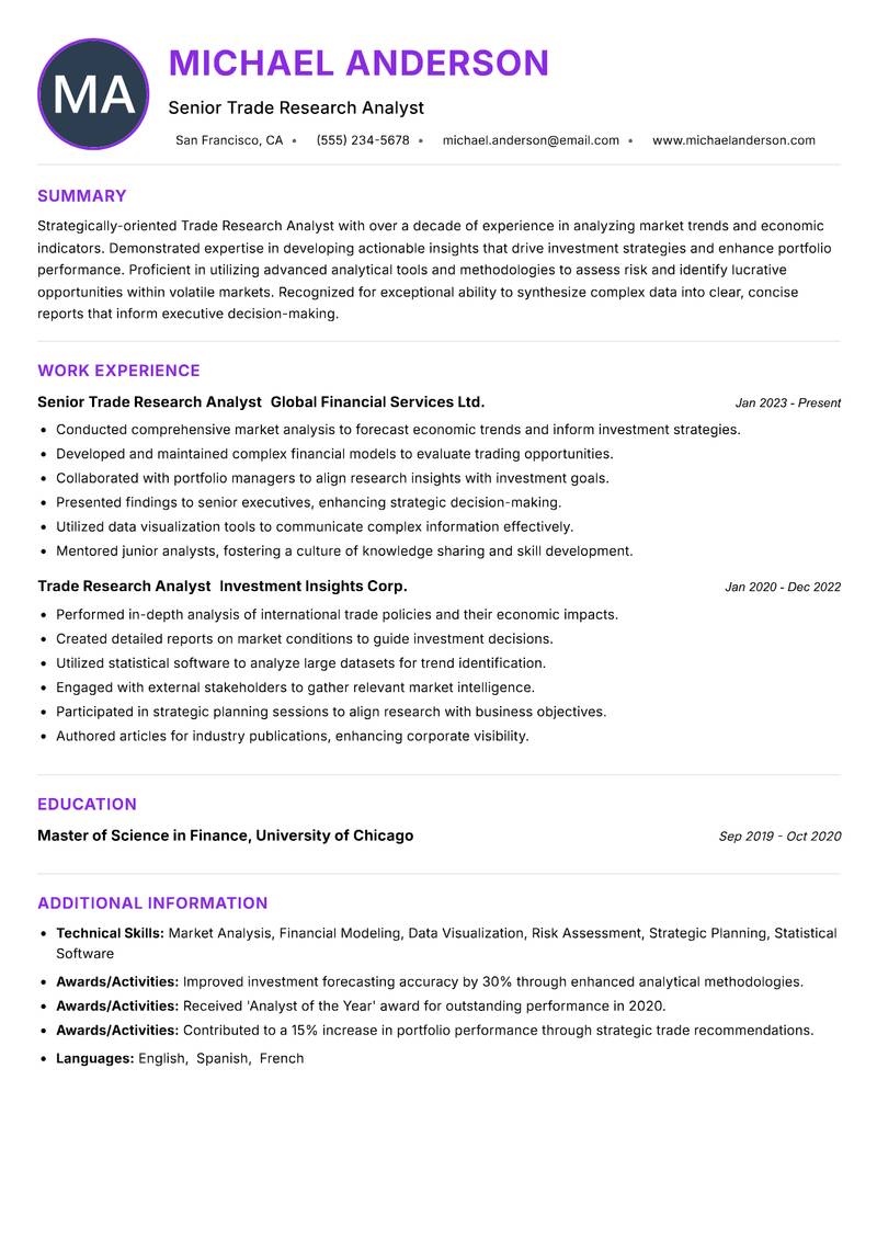 Trade Research Analyst Resume Preview Example