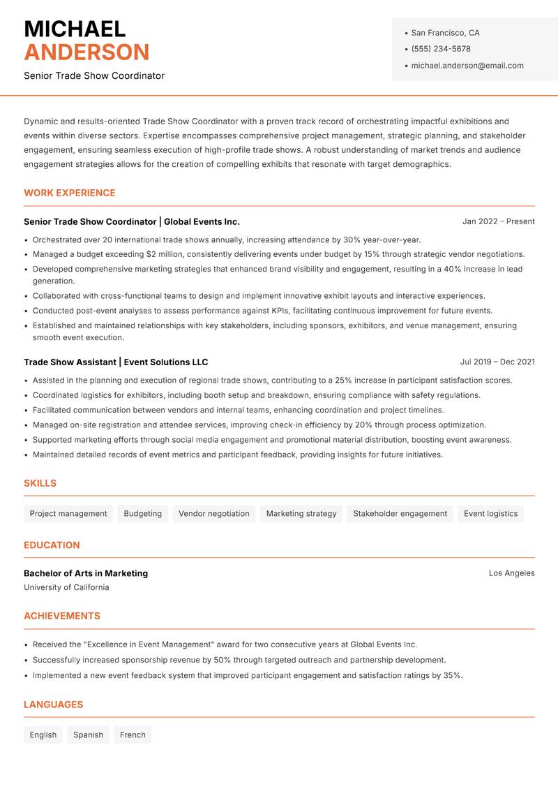 Trade Show Coordinator Resume Template