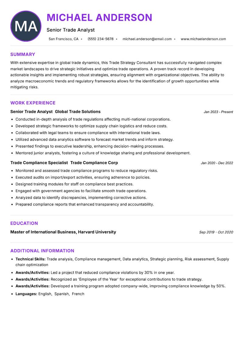 Trade Strategy Consultant Resume Preview Example
