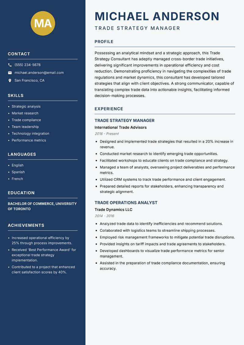 Trade Strategy Consultant Resume Preview Example