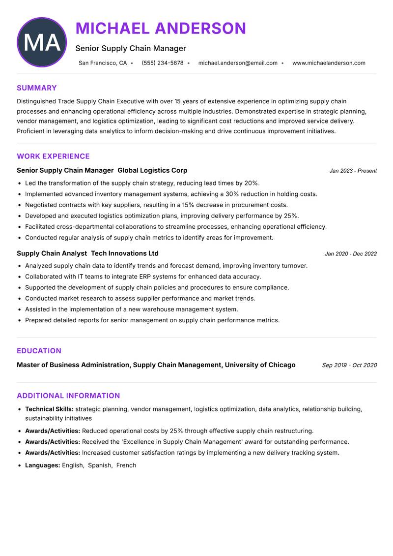 Trade Supply Chain Executive Resume Preview Example