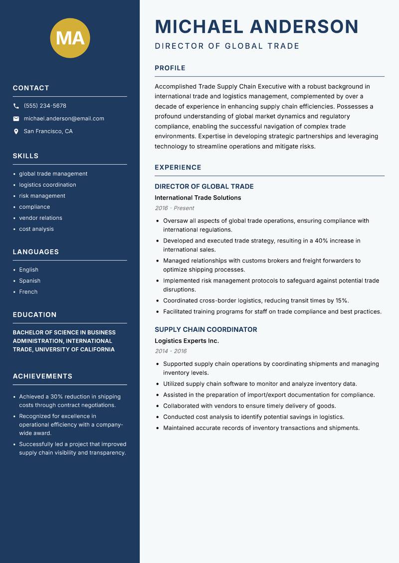 Trade Supply Chain Executive Resume Preview Example