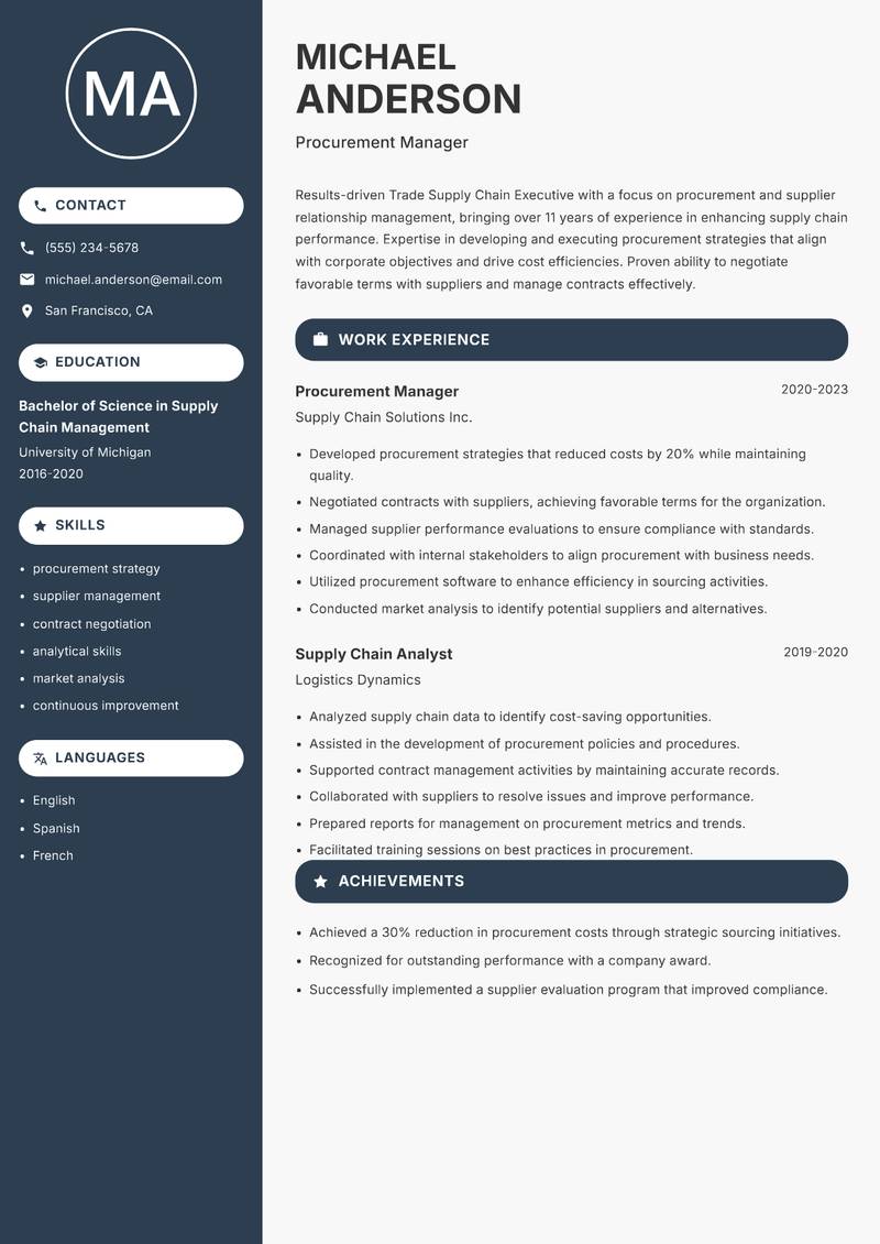 Trade Supply Chain Executive Resume Preview Example