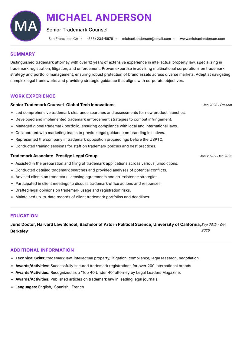 Trademark Attorney Resume Preview Example