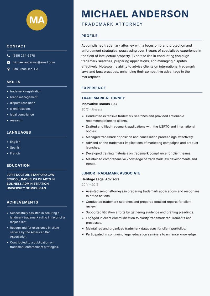 Trademark Attorney Resume Preview Example
