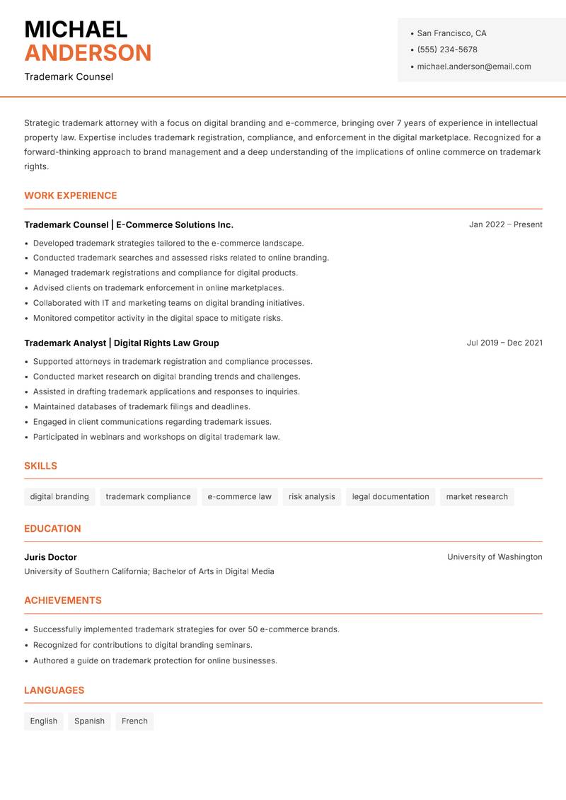 Trademark Attorney Resume Template