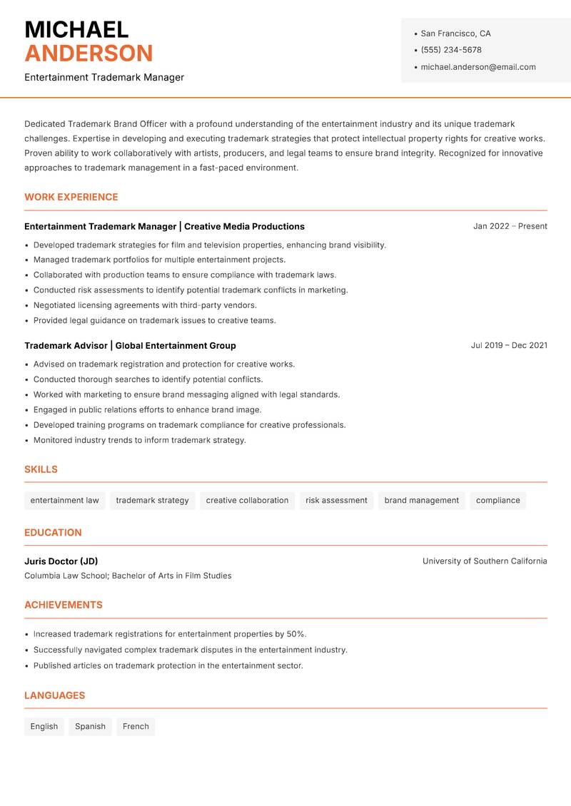 Trademark Brand Officer Resume Template