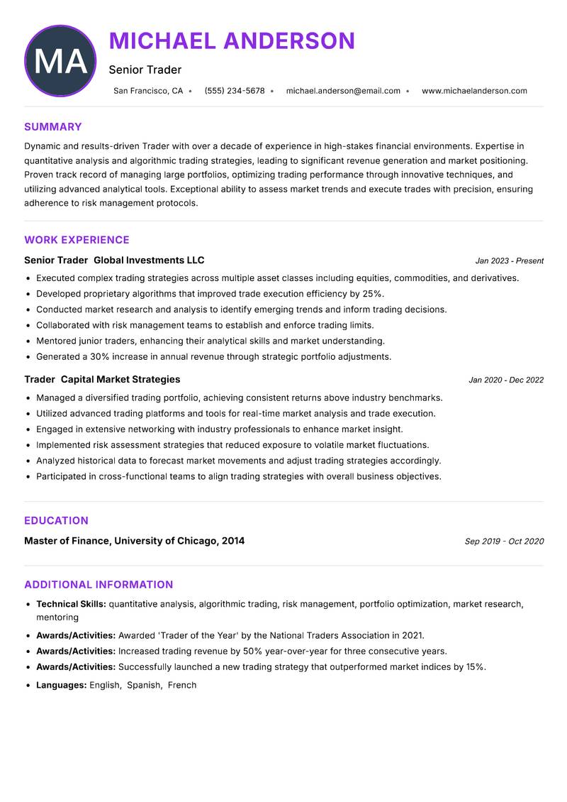 Trader Resume Preview Example