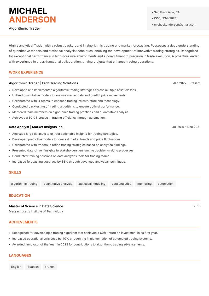 Trader Resume Template