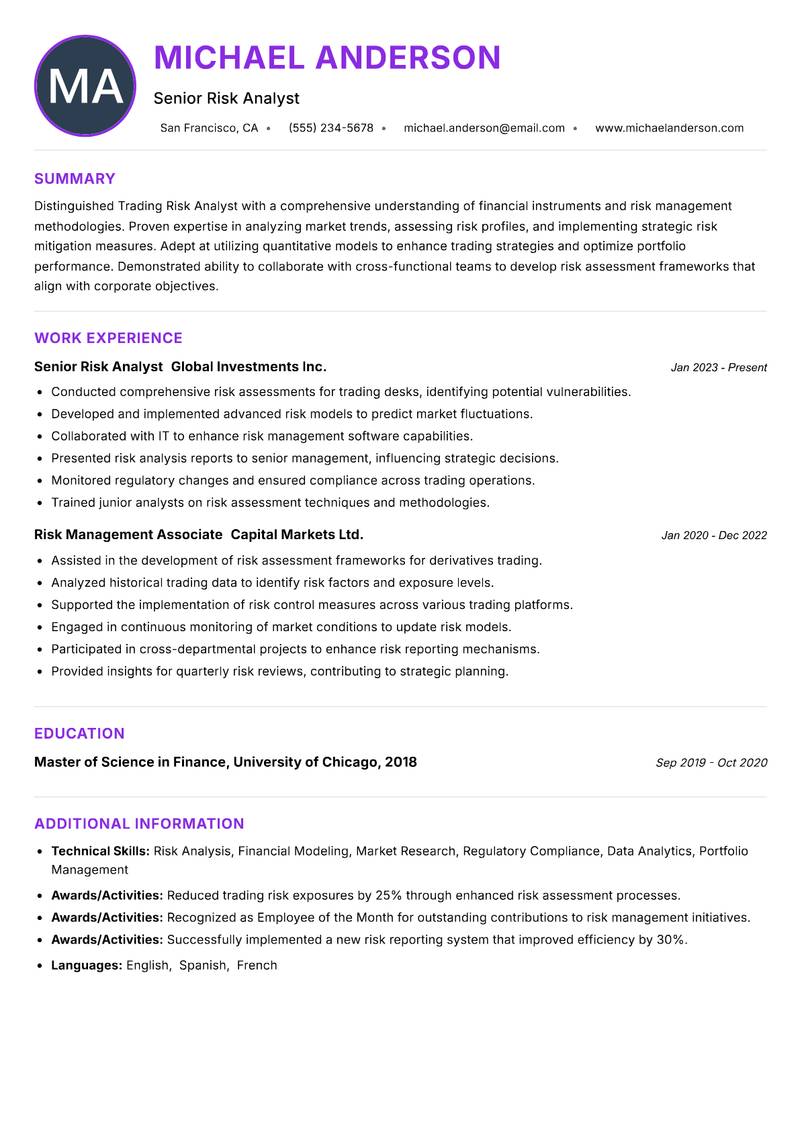 Trading Risk Analyst Resume Preview Example