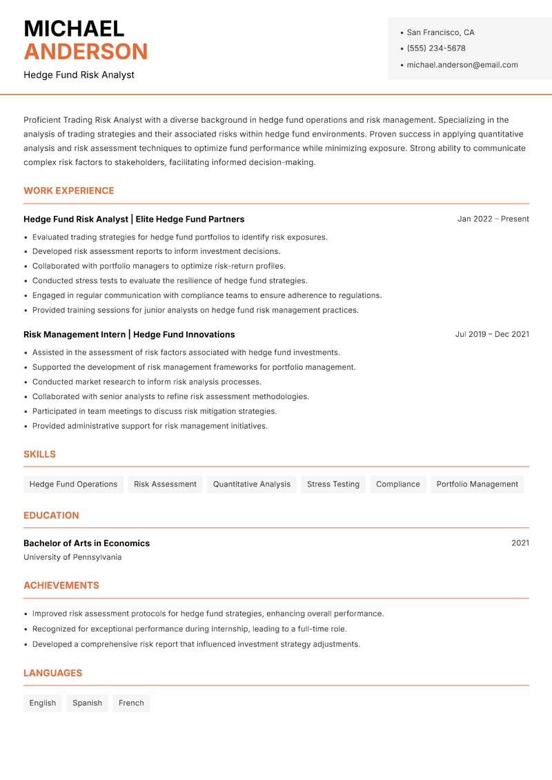 Trading Risk Analyst Resume Template