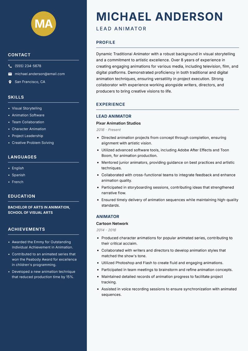 Traditional Animator Resume Preview Example