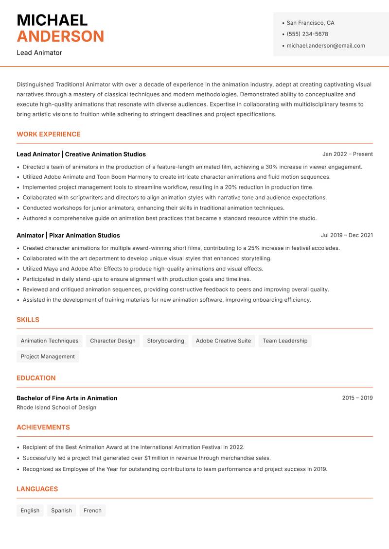 Traditional Animator Resume Template