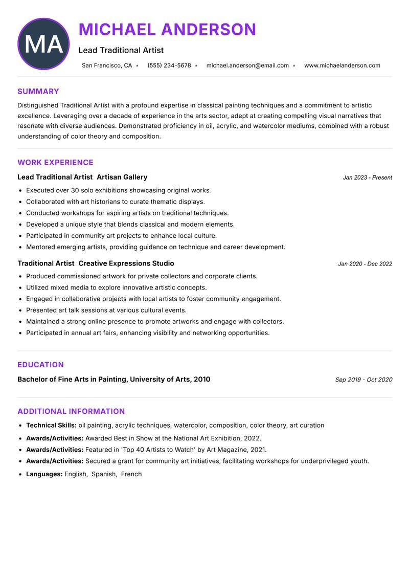 Traditional Artist Resume Preview Example