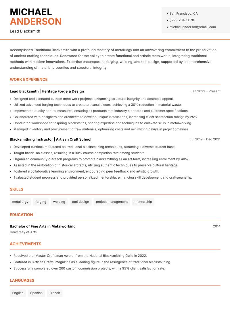 Traditional Blacksmith Resume Template
