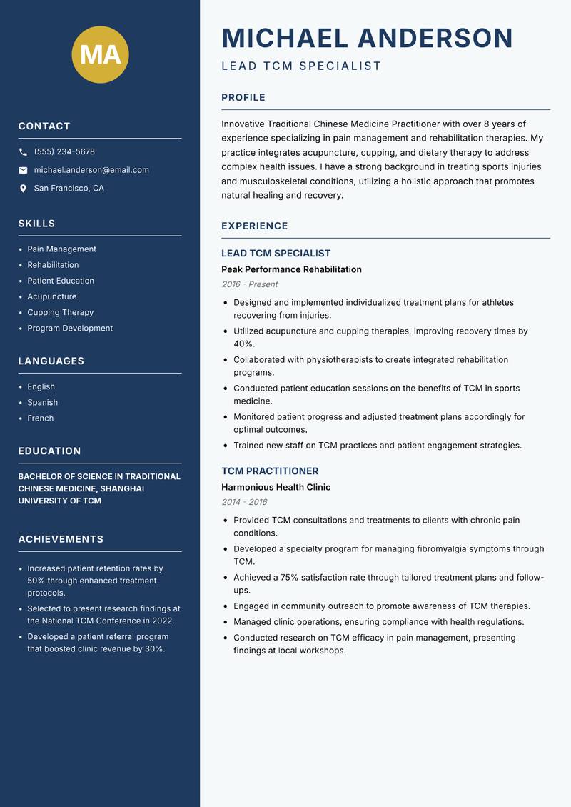 Traditional Chinese Medicine Practitioner Resume Preview Example