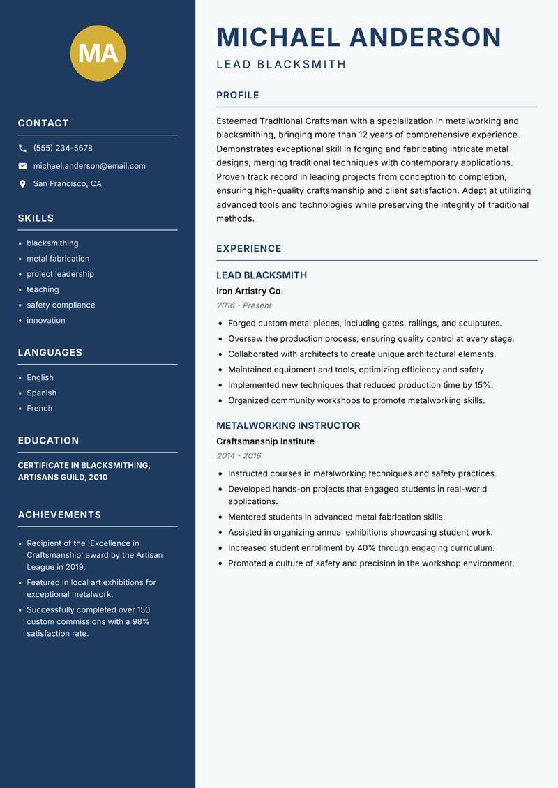 Traditional Craftsman Resume Preview Example